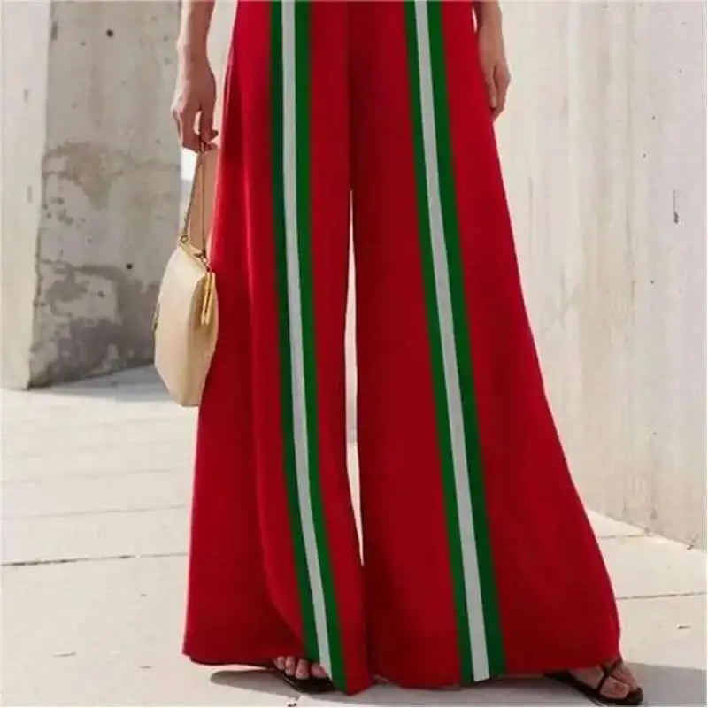 

Modigirl Red Elastic Waist Wide Leg Contrast Color Long Pants Women 2025 Summer Spring Green White Striped Trousers Female