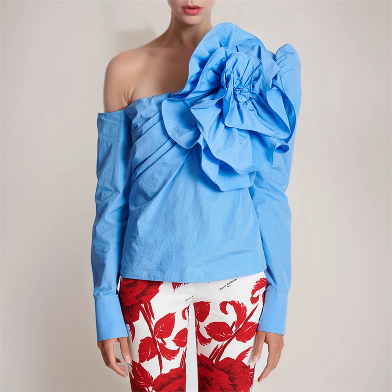 

Three-Dimensional Oversized Flower Blue Off-Shoulder Shirt Women 2024 New One-Shoulder Pullover Shirt Stage Costume Top Women's