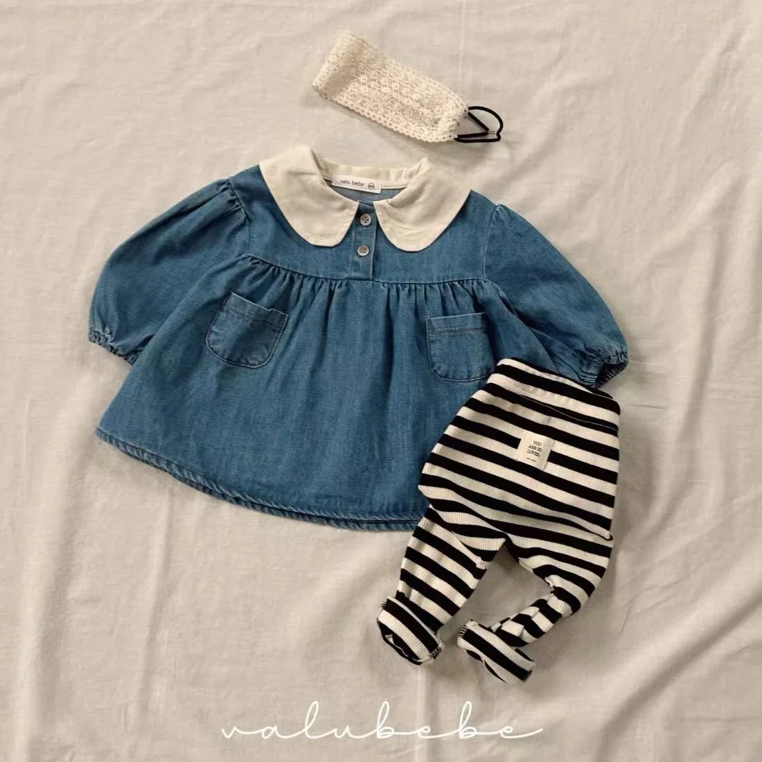 2024 Autumn New Baby Girls Long Sleeve Denim Dress Infant Toddler Cute Loose Peter Pan Collar Casual Dress Children Clothes