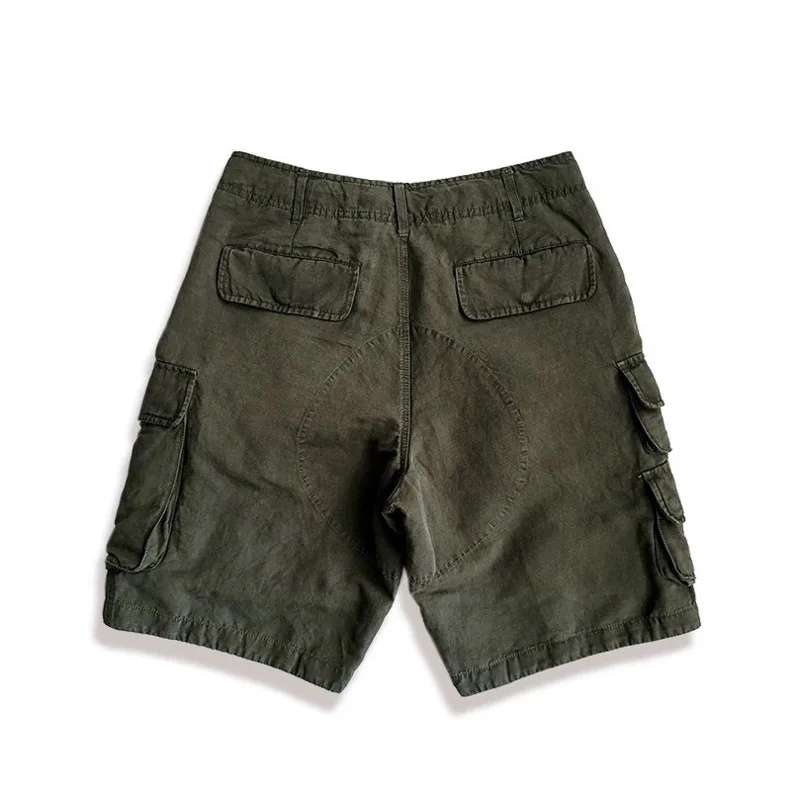 HKSH Summer New Men Tide Punk Dark Military Green Hemp Cargo Shorts Multi-Pockets Mid-Waist Vintage Casual Washed Capris HK26263