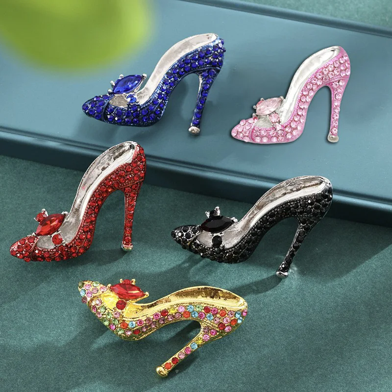women fashion diamond studded brooch high heels shoes pins suit accessories