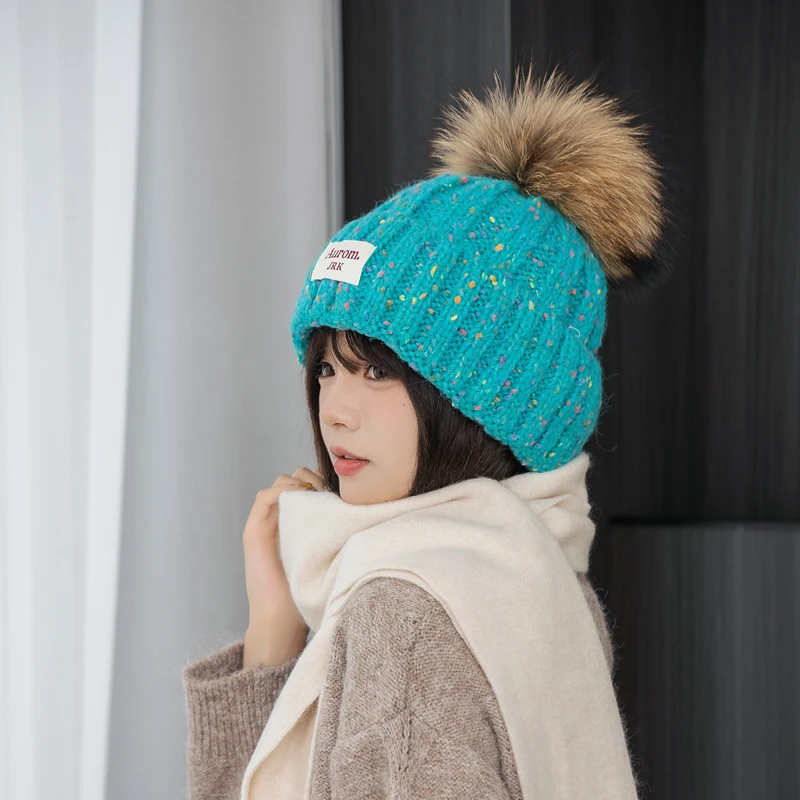 2024 New Fashion Natural fur pompom hat for women High quality mix-Color Beanies Winter Hats for women Warm Female beanies