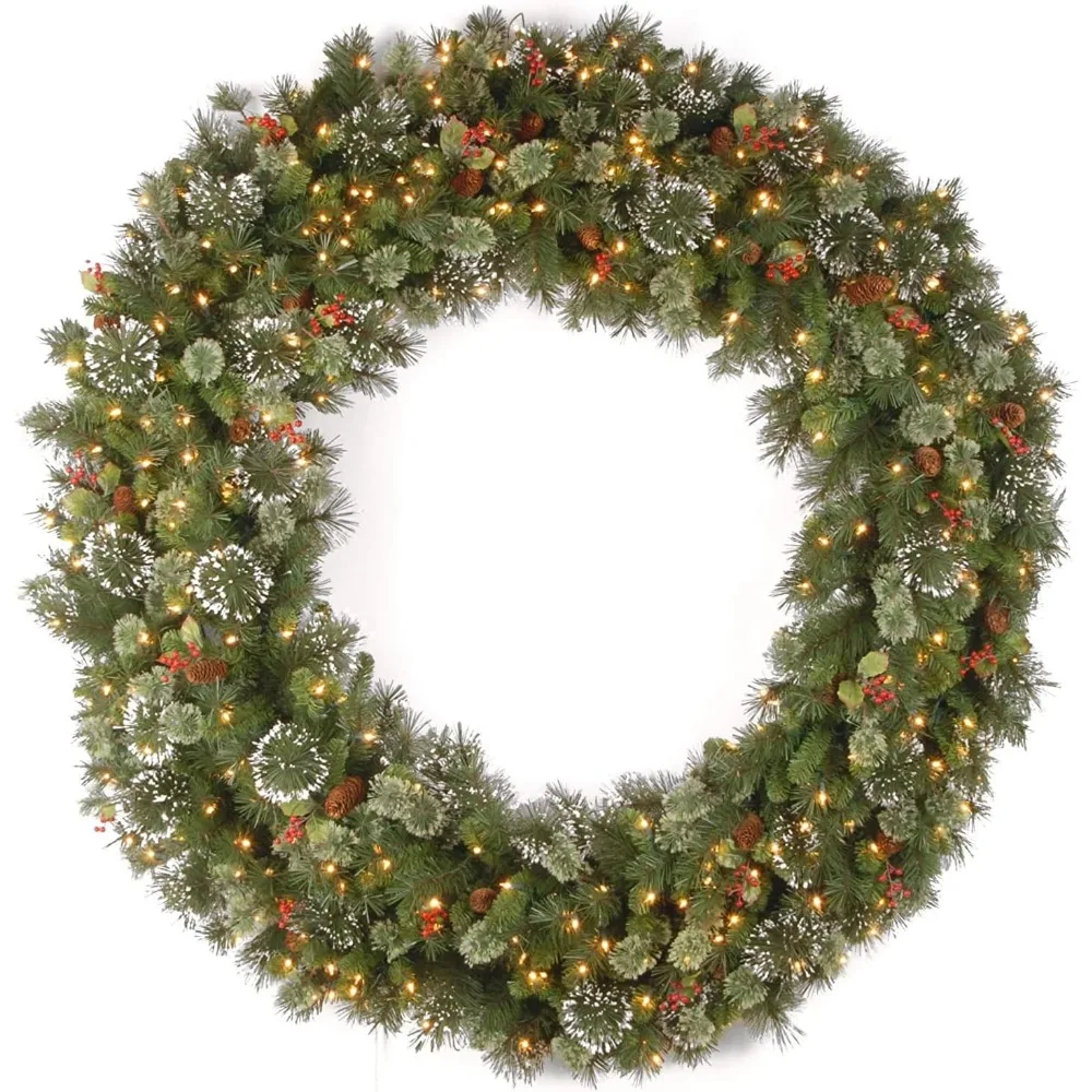 

Artificial Christmas Wreath, Green, White Light Decorated with Pine Cones, Frosted Branches, Christmas Series, 60 Inches