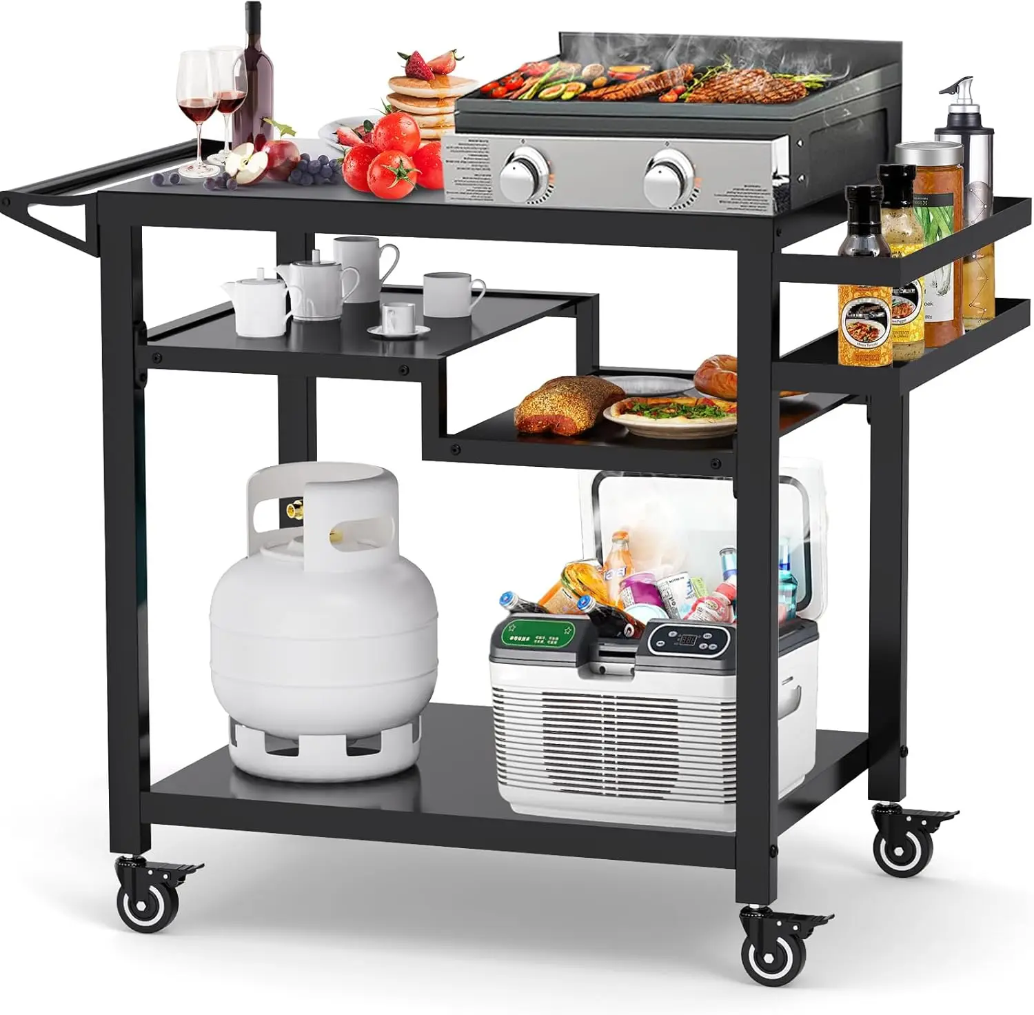 

20"x32" 3-Tier Rolling Outdoor Dining Cart, Multifunctional BBQ Prep Table with Wheels