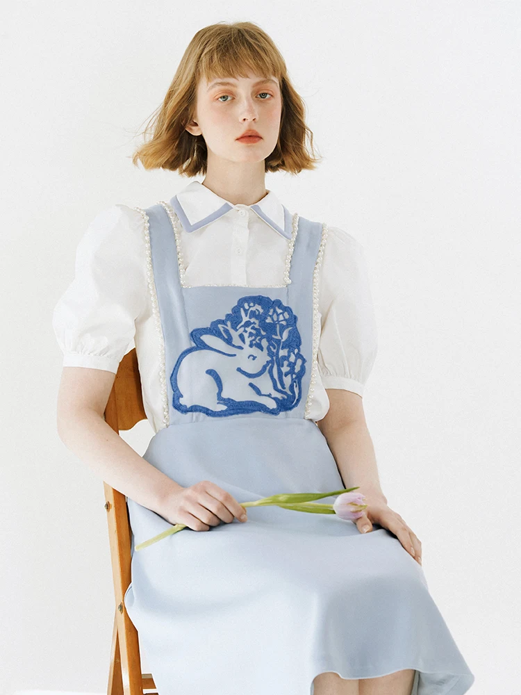 

Xunruo Brand College Sle Rabbit Embroidery Pearl Trim Overalls Fre Sweet Square Collar mid Waist Zipper Ba