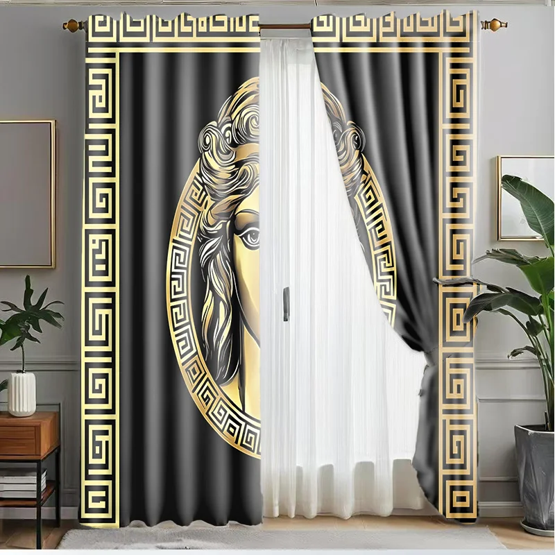 Elegant Greek Goddess Art Curtain Black Gold Temple Style Window Drapes for Living Room Home Decor