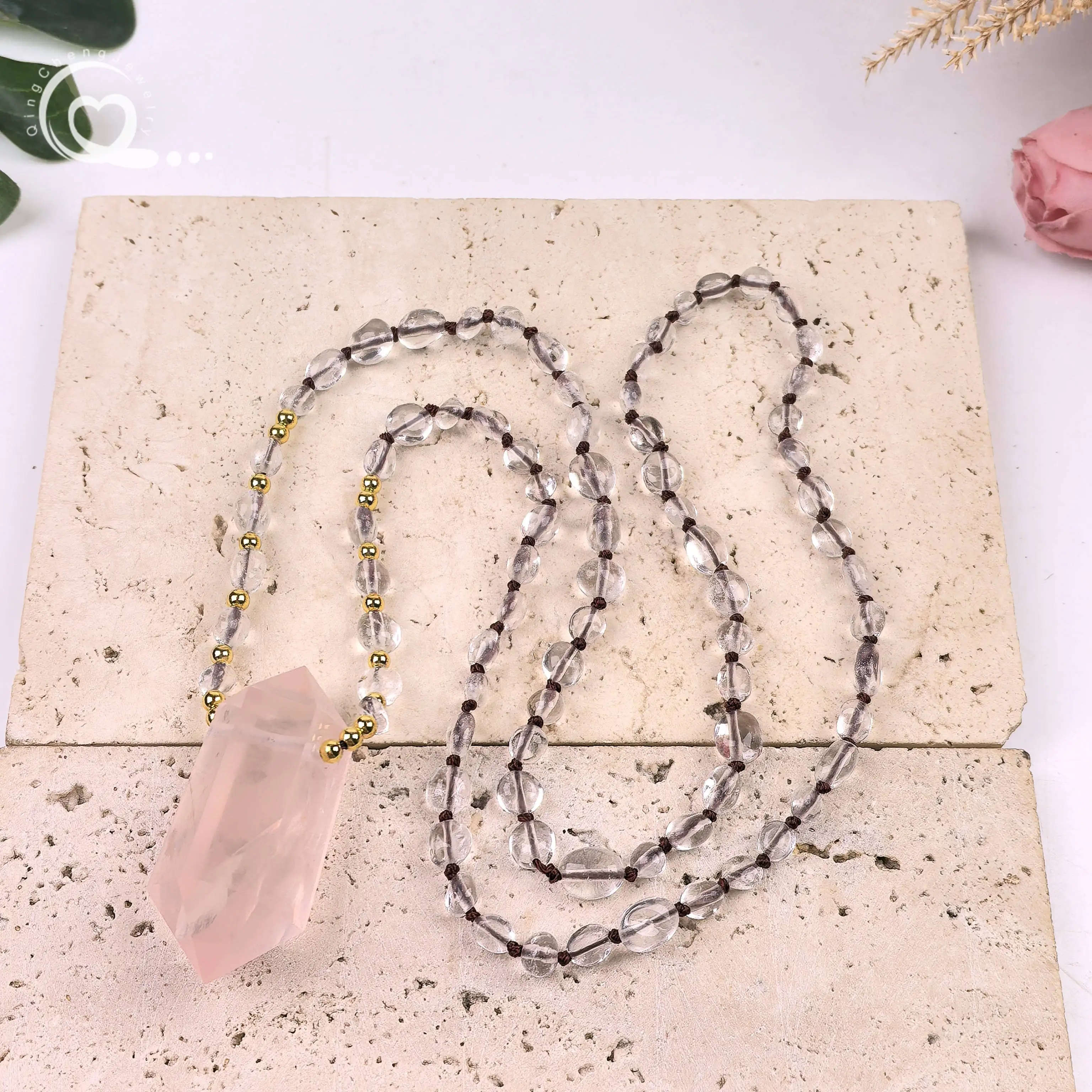 شقرا كريستال الكتلة الخرز اليوغا مالا الصلاة القلائد روز كوارتز نقطة مزدوجة قلادة معقود اليدوية النساء المجوهرات ، QC0211 #6