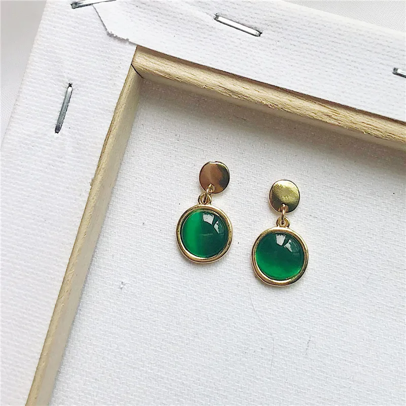 Forest simple round green opal golden earrings small girl Korean ear clip earrings