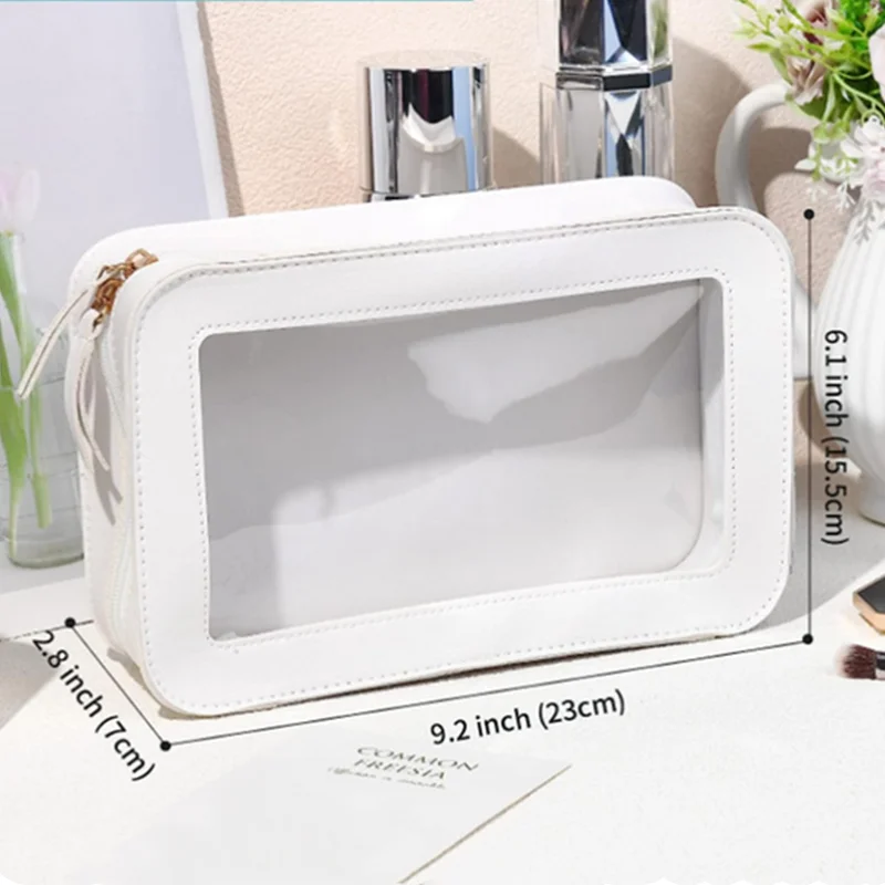 Women PU Makeup Bag Traveling Cosmetic Bag Clear Toiletry Bag Skincare Products Organizer Portable Size Toiletries Storage