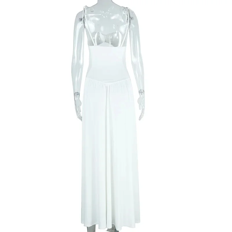 Elegantes, solides Bikini-A-Linien-Sling-Kleid für Damen, rückenfrei, ärmellos, aushöhlen, mit Schleife, Rüschen, Patchwork-Robe, 2025, neue Partykleider – Detail 4