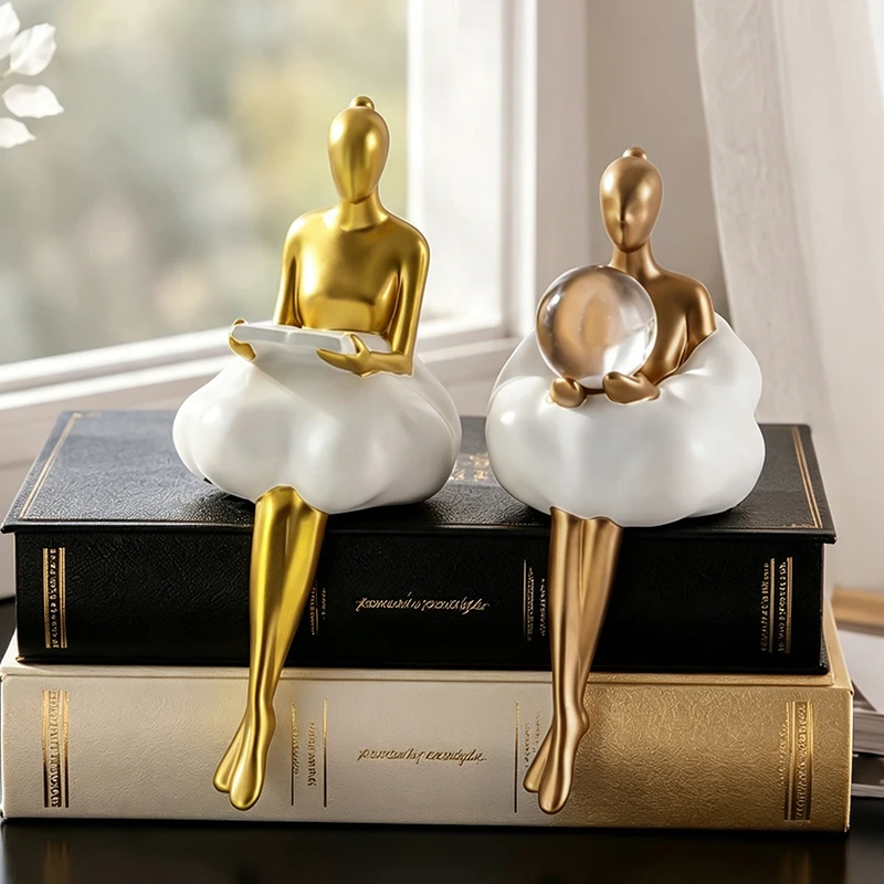 New Resin Edge‑Sitter Reading Girl Figurine Cloud Skirt Lady Statue Minimalist Desktop Ornament for Bookshelf Home Decor Gift