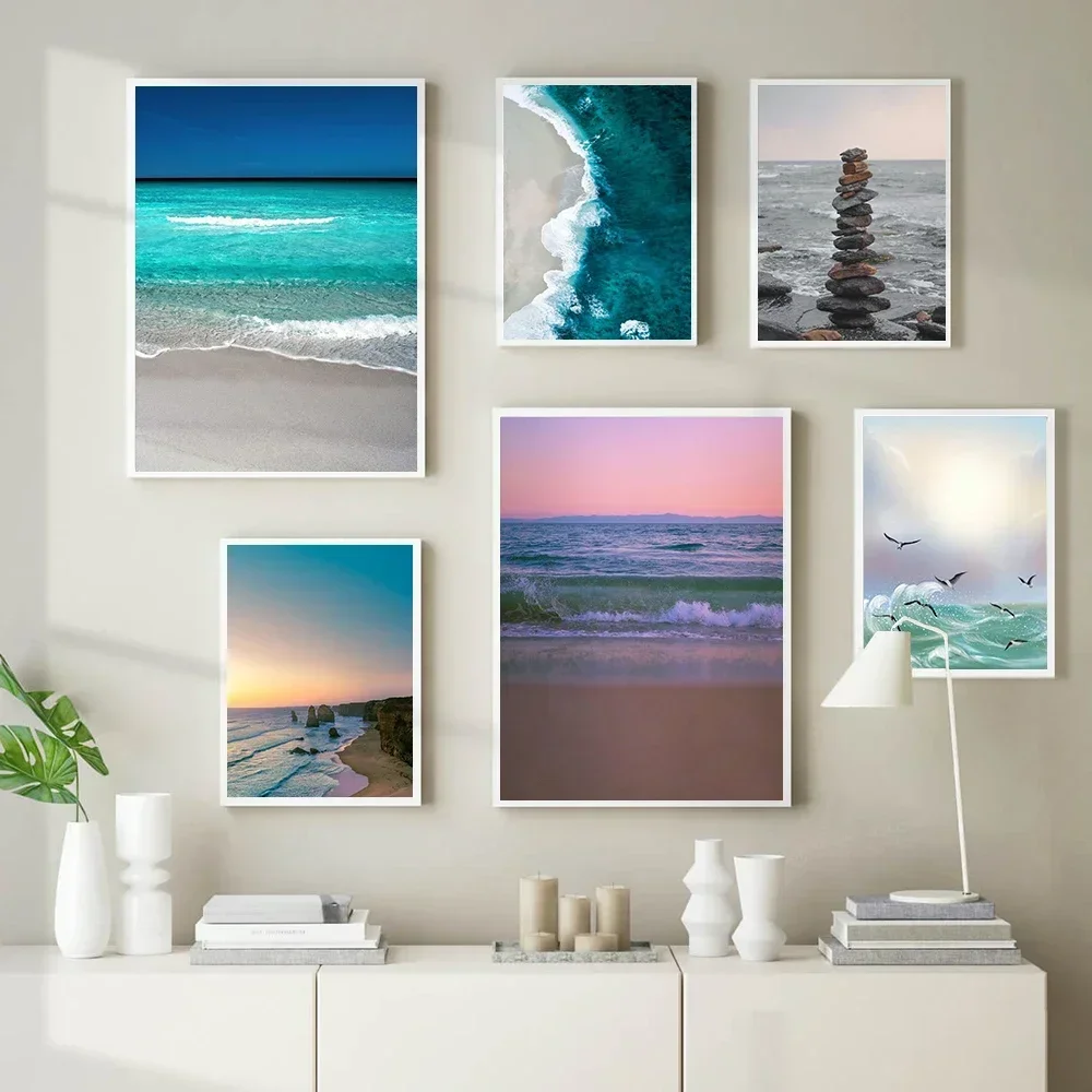 Canvas Painting Wall Art Nordic Sunset Sandy Sea Beach Waves Ocean Palm Poster Modular Seascape Picture for Living Room Decor