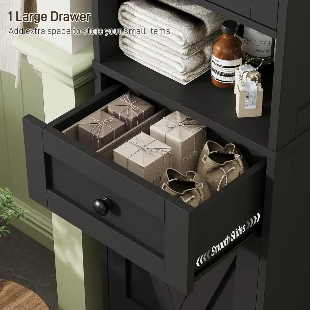 67 Высокоокремочный шкаф для ванной комнаты с 2 дверцами, 1 ящиком, 5 полками, открытым хранилищем, черный