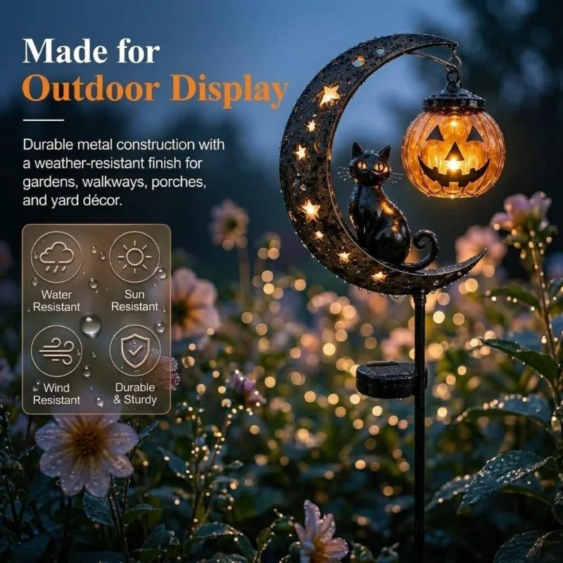 Solar Halloween Black Cat & Pumpkin Moon Garden Stake Light, Solar Garden Decoration, Outdoor Waterproof Metal Pumpkin Stake