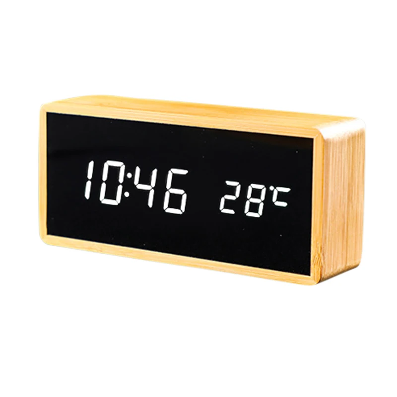 100% Bamboo LED Alarm Clocks Temperature Humidity Multifunction Digital Wooden Snooze Clock Voice Control Living Room Decoration