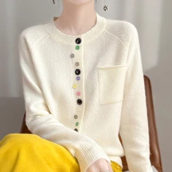2025 New Fashion Spring O-neck Long Sleeve Cardigan Women's 100% Merino Wool Sweater Cardigan Color Button Knit Top Women's