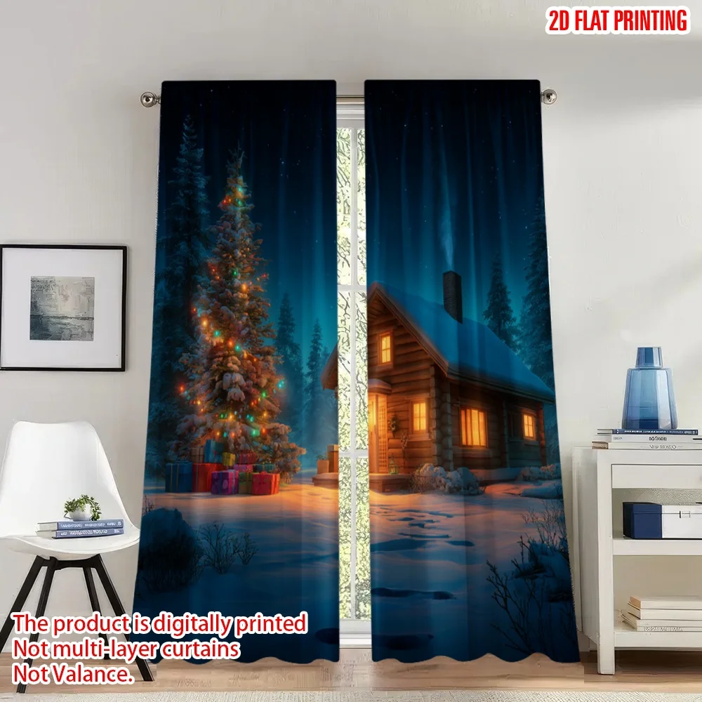 

2pcs 2D flat printing Christmas Classic Hot Curtains Cozy Cabin Christmas Tree Gifts Digital Printed Polyester Drapes Family