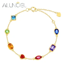 ALLNOEL 925 Sterling Silver Bracelet For Women Rainbow Zircon Colorful Yellow Blue Green Gemstones Gold Plated Fine Jewelry Gift