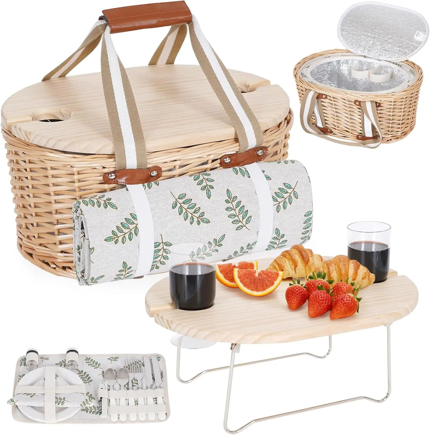 

Picnic Basket Set for 2 - Wicker Insulated with Waterproof Blanket, Folding Table & Cutlery – Outdoor Camping Picnic Kit