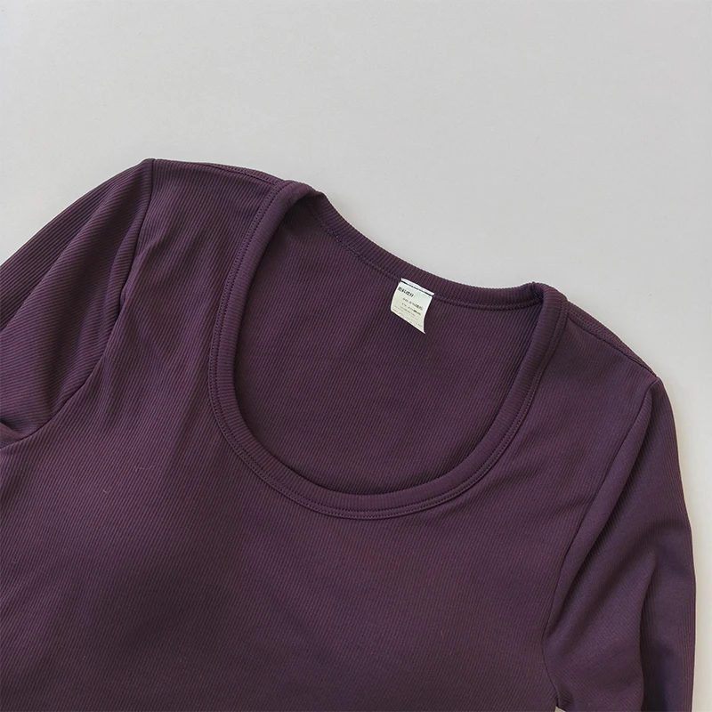 Yoga-Bekleidung T-Shirt Damen U-Ausschnitt Brustpolster Schlankmachendes Sport-Top Langärmeliges Stretch-Oberteil Pilates Fitness-Bekleidung – Detail 9