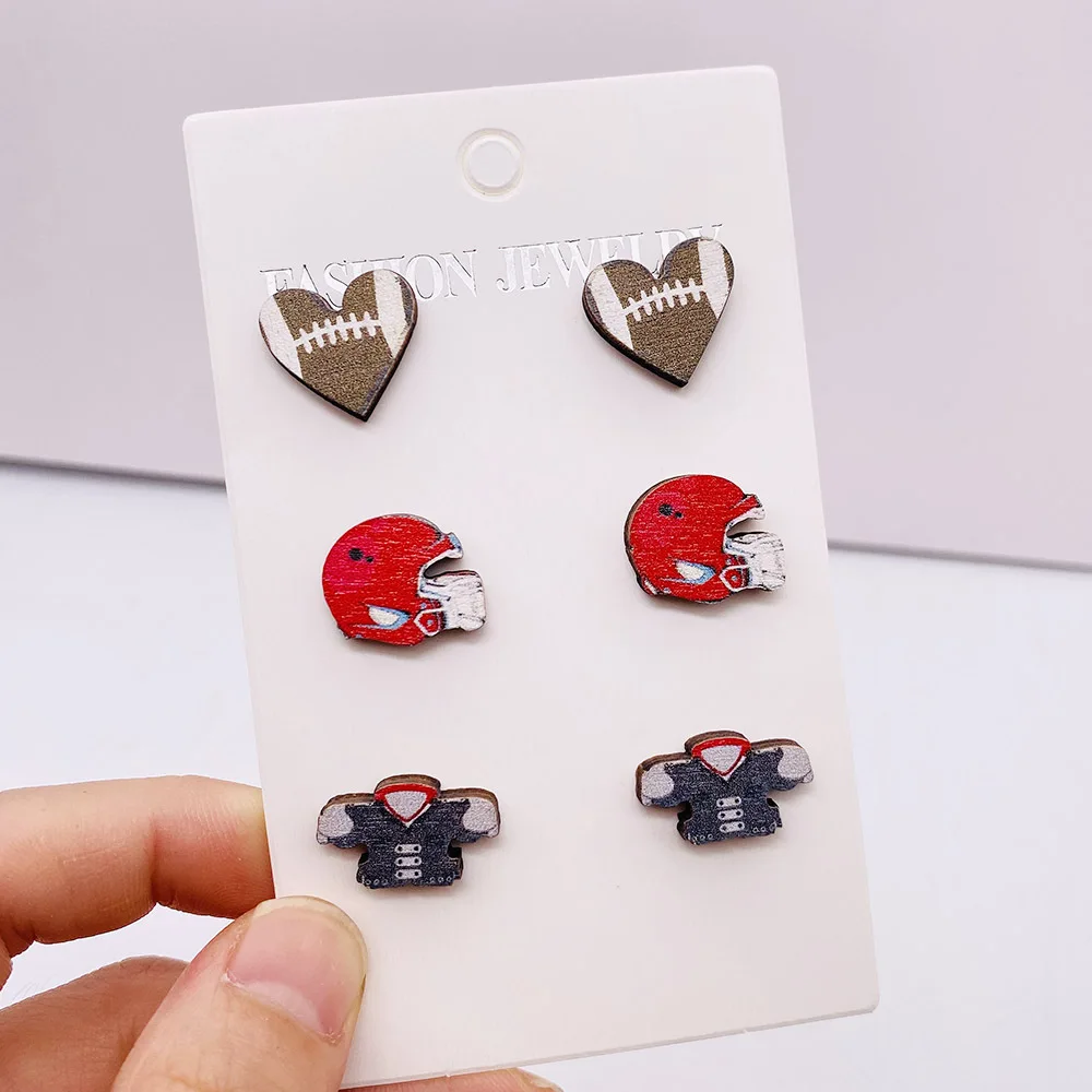 Baseball Softball Football Sports Stud Earrings set Heart Shape Sports Wood Earring for Women Ball Game Earrings Jewelry