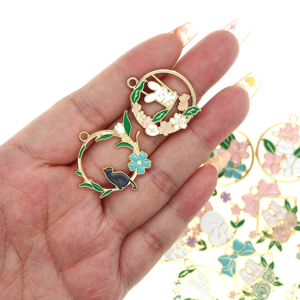 10pcs/lot Garland Rabbit Flower Basket Cat love Butterfly Enamel Metal Charms For Earring Bracelet DIY Jewelry Making Finding