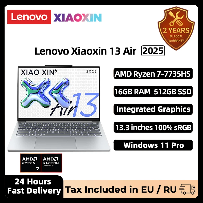 Lenovo Xiaoxin 13 Air Laptop 2025 Ryzen 7 7735HS 16GB RAM 512GB SSD 13.3 inches 100% sRGB Screen Notebook Ultrabook Computer PC