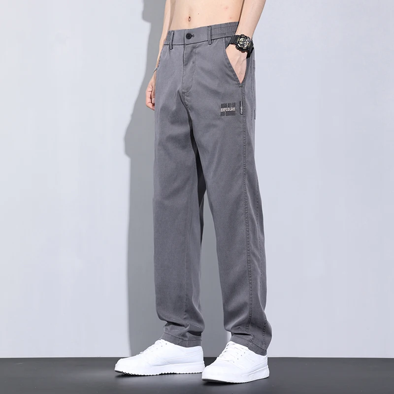Spring Summer Men's Lyocell Pants Baggy Fashion Casual Comfortable Stretch Straight Wide Trousers Male Blue Black Gray