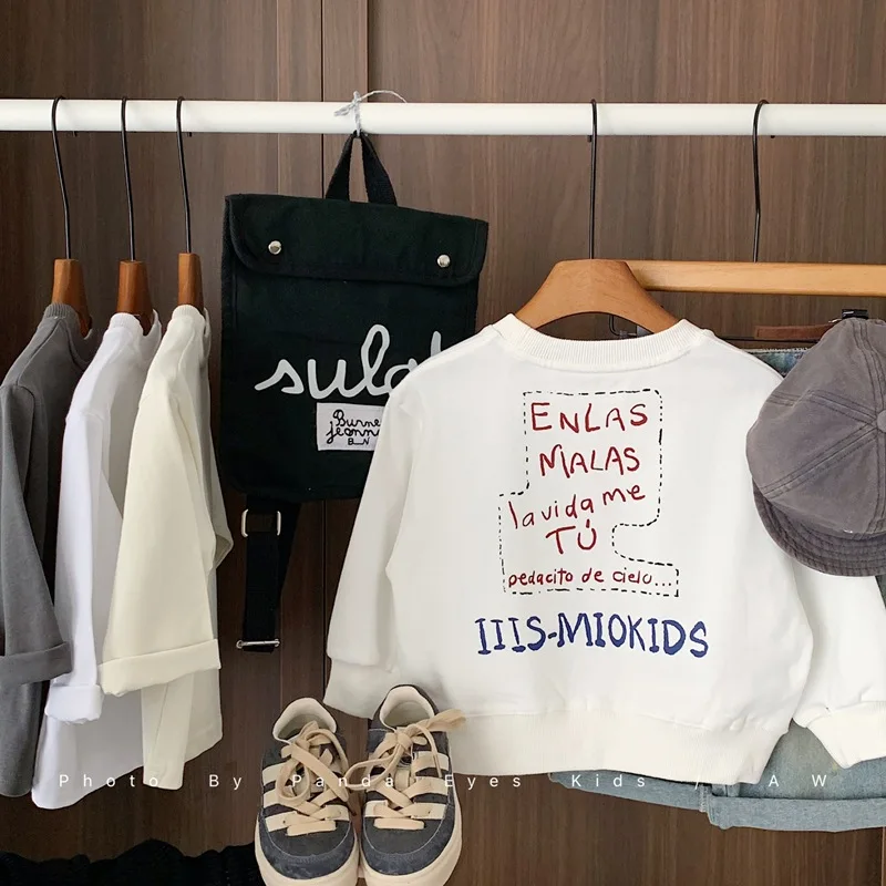 

2025 New Children's Clothing White Children's Sweatshirt Crew Neck Autumn Pullover Top Long Sleeves