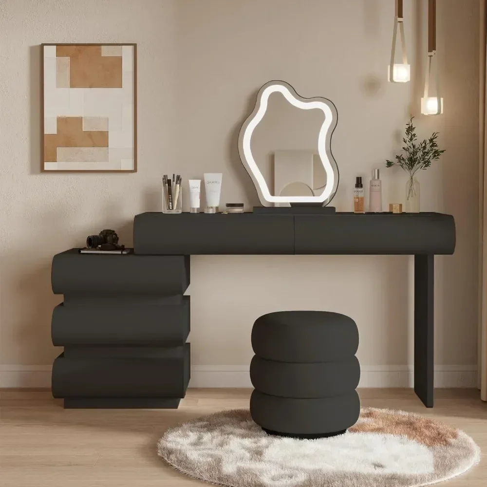 Eco-Friendly luxury makeup vanity desk with illuminated mirror and retractable side cabinet, wrapped in microfiber leather