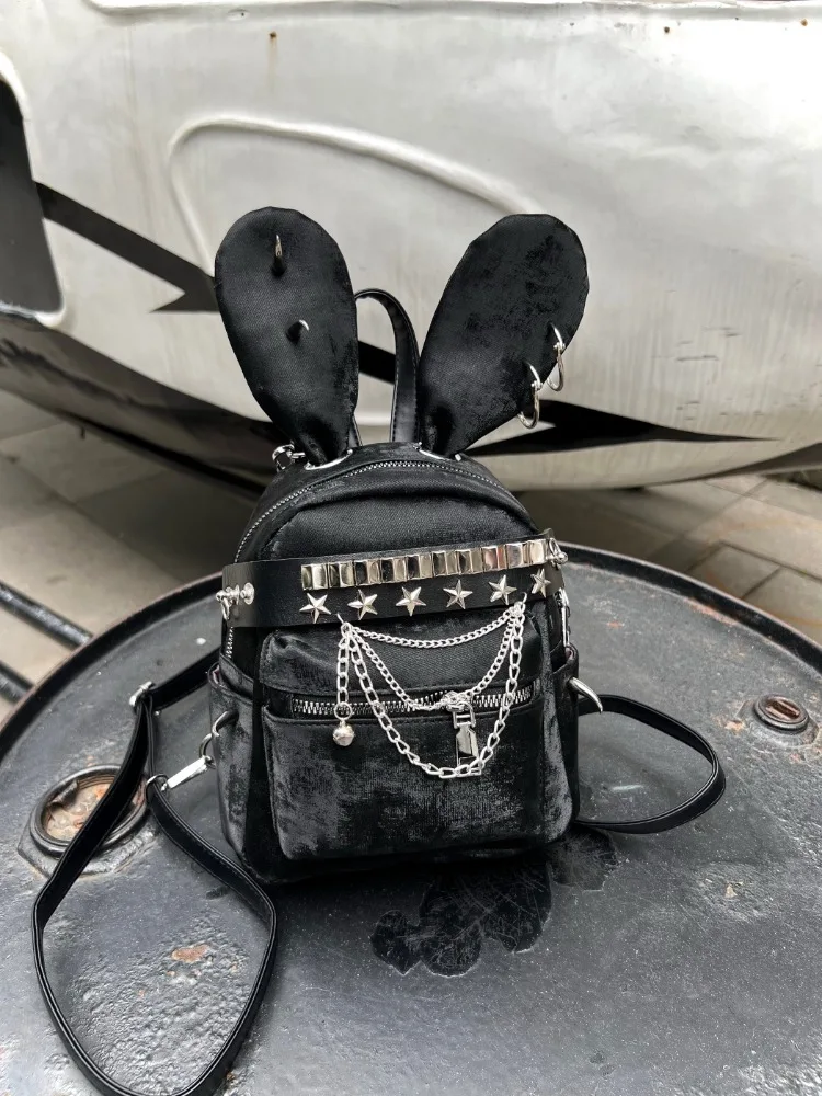 Original Handmade Punk Dark Subculture Rabbit Rivet Backpack Hottie Sweet Cool Schoolbag Versatile Commute Bags for Women view 4