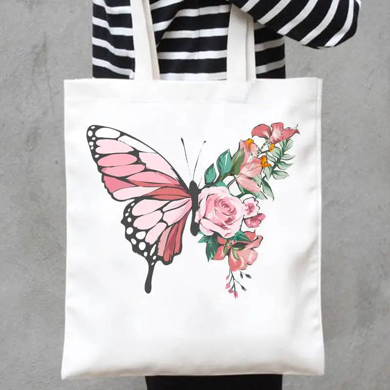 

Butterfly Flower Canvas Bag Sunflower Dandelion Butterfly Printed Handbag Women's Foldable Tote Bag Shopping Lightweight Bag