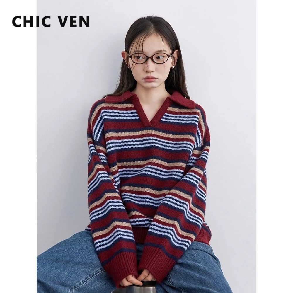 

Женский свитер CHIC VEN, свободный повседневный ретро-контрастный полосатый свитер с v-образным вырезом, теплые вязаные женские джемперы, пуловер, осень-зима 2025