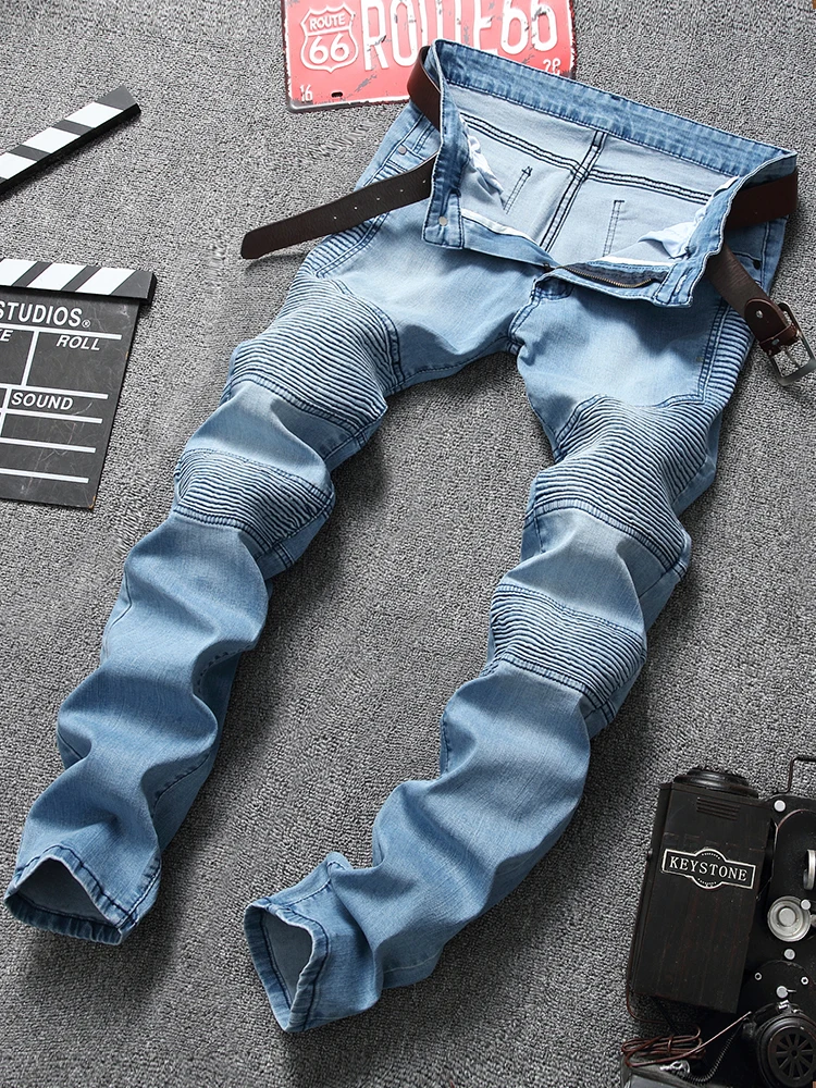 

Мужские джинсы High Street Biker: модные светло-голубые эластичные джинсы-скинни из хлопка для мотоциклистов, молодежные, с эффектом помятости