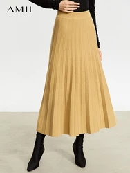 AMII Minimalist 2023 Wool Pleated Skirts for Women Winter New Midi Slim Fit A-line Knitted Umbrella Solid Skirt Female 12354018