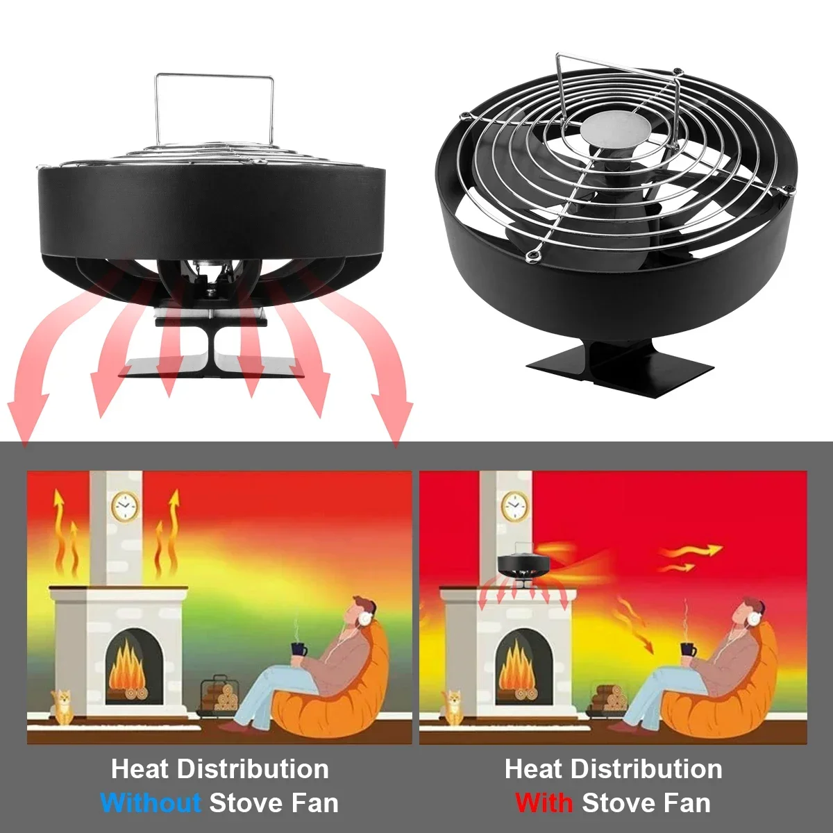 Ventilador de fogão com 4 lâminas Ventilador de lareira alimentado por calor Queimador de madeira Eco-ventilador Ventilador de lareira silencioso