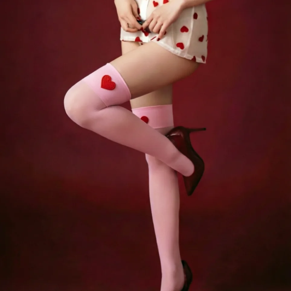

Stylish Sweet Red Heart Tube Solid Color Stockings Sheer Silky Thigh High Socks Transparent Lingerie Sexy Hosiery for Women Pink