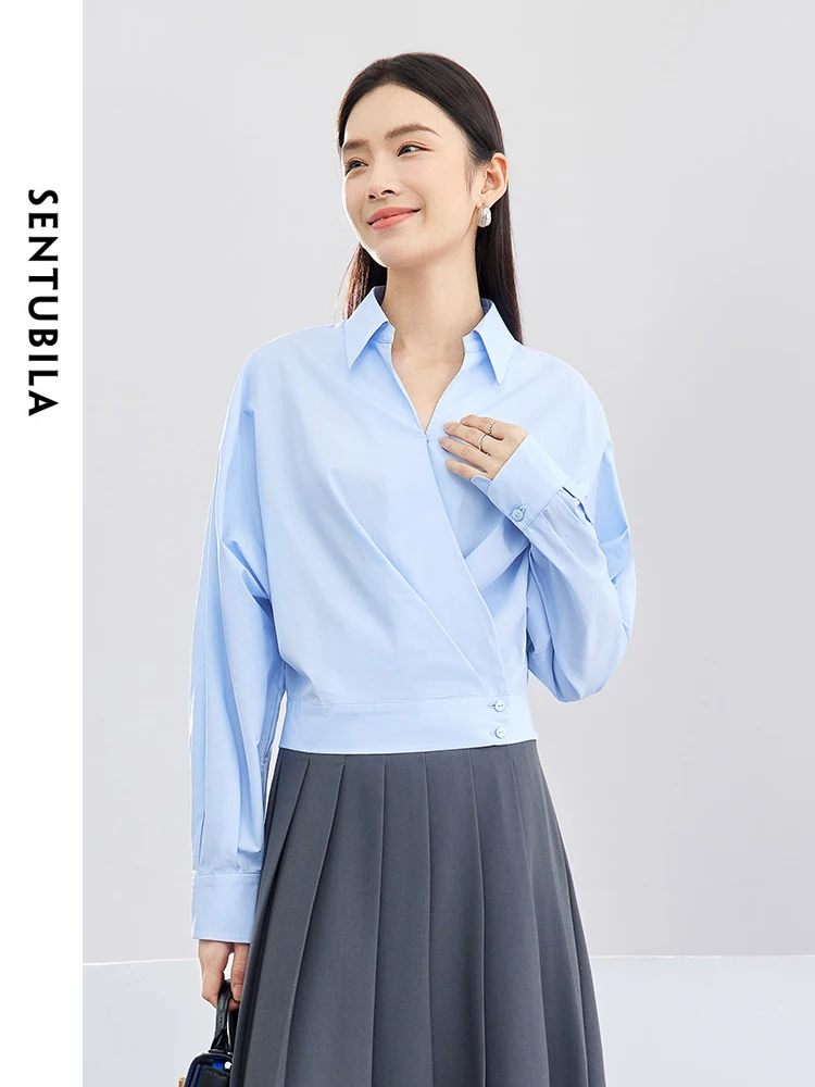 SENTUBILA V-neck Casual Short Loose Blue Shirt 2024 Batwing Sleeve Polo Collar Spring Shirts & Blouses Womens Tops 141C52887