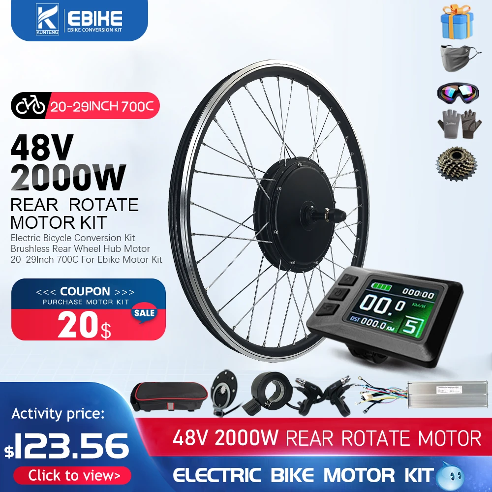 Electric Bike Conversion Kit 48V2000W Brushless Non-gear Hub Motor Rear Wheel 20/24/26/27.5/28/29'' 700C for MTB or Road Bike