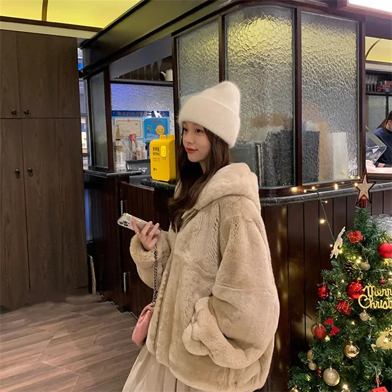 Imitation Rex Rabbit Fur Coat Women 2024 Autumn Winter New Mao Plush Jacket Casual Outerwear Sports Thick Warm Overcoat Female