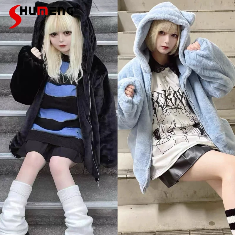 เสื้อแจ็คเก็ตขนเฟอร์เทียมสไตล์ญี่ปุ่น สำหรับฤดูใบไม้ร่วงและฤดูหนาว น่ารัก เท่ คาวาอี้ หูแมว ขนเทียม สำหรับฮาโลวีน อุ่นหนา