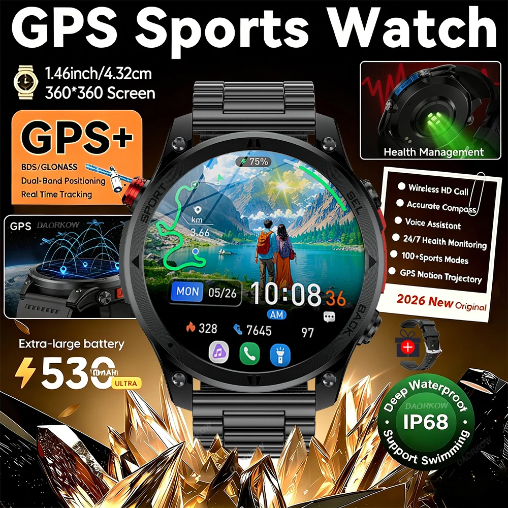 Gold Smartwatch with AMOLED Screen and Flashlight, Gift for Men