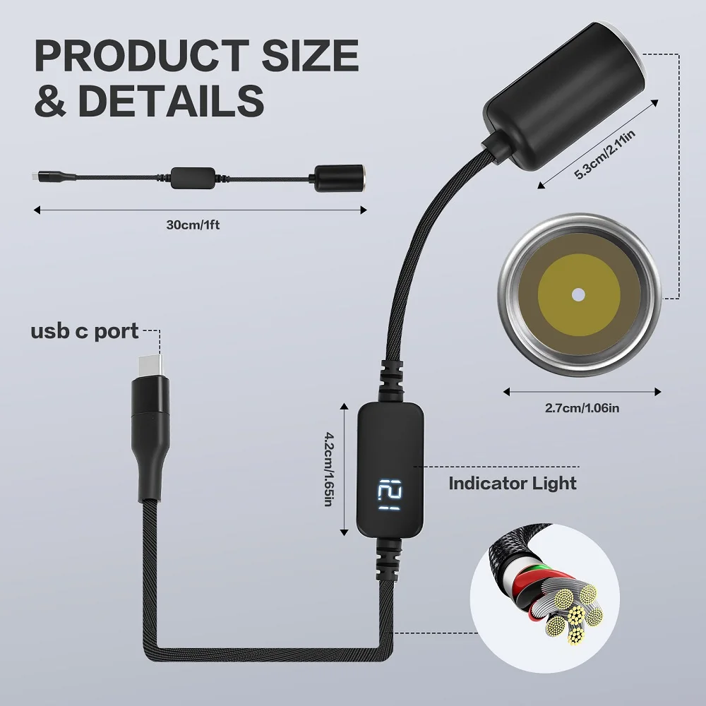 Auto-Adapter USB Typ-C Stecker auf 9V 12V Auto-Zigarettenanzünder-Buchse Step-Up-Kabel Buchse Stromkabel für Powerbank DVR