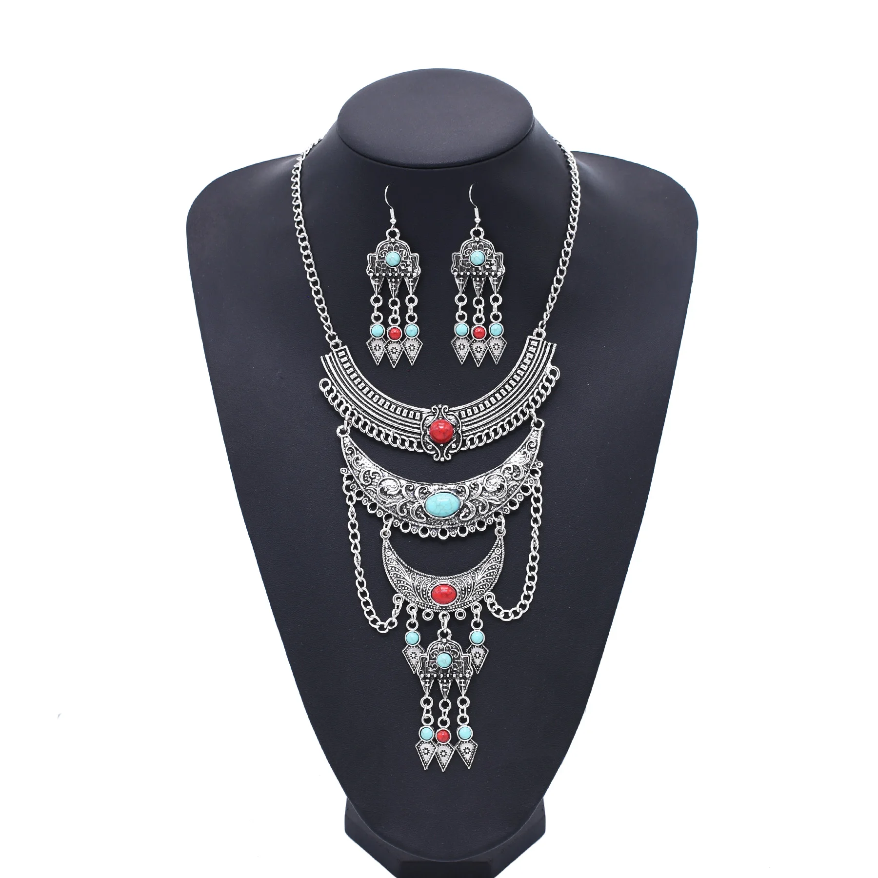 

Vintage Moon Geometry Pendant Necklace Earrings For Women Turquoise Ethnic Tribe Jewelry Retro India Turkey Gypsy Accessory Gift
