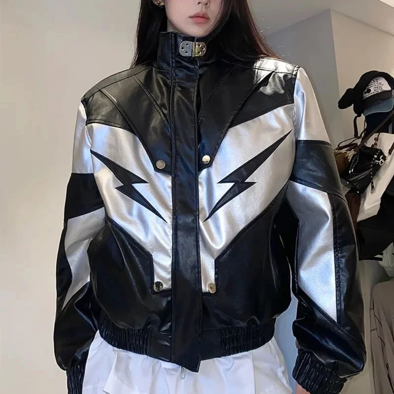 

Lightning Y2k Jacket Motorcycle PU Leather Overcoat Autumn Female Vintage Zipper Lapel Bicycle Cool Personal Street Oversize Top