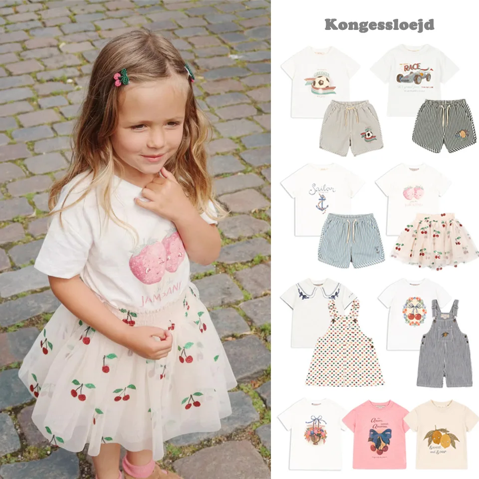

Konges Slojd Summer Baby Boys Cartoon Print T Shirts Overall Shorts Suits Kids Cotton Clothes Girl Cherry Skirts Children's Sets