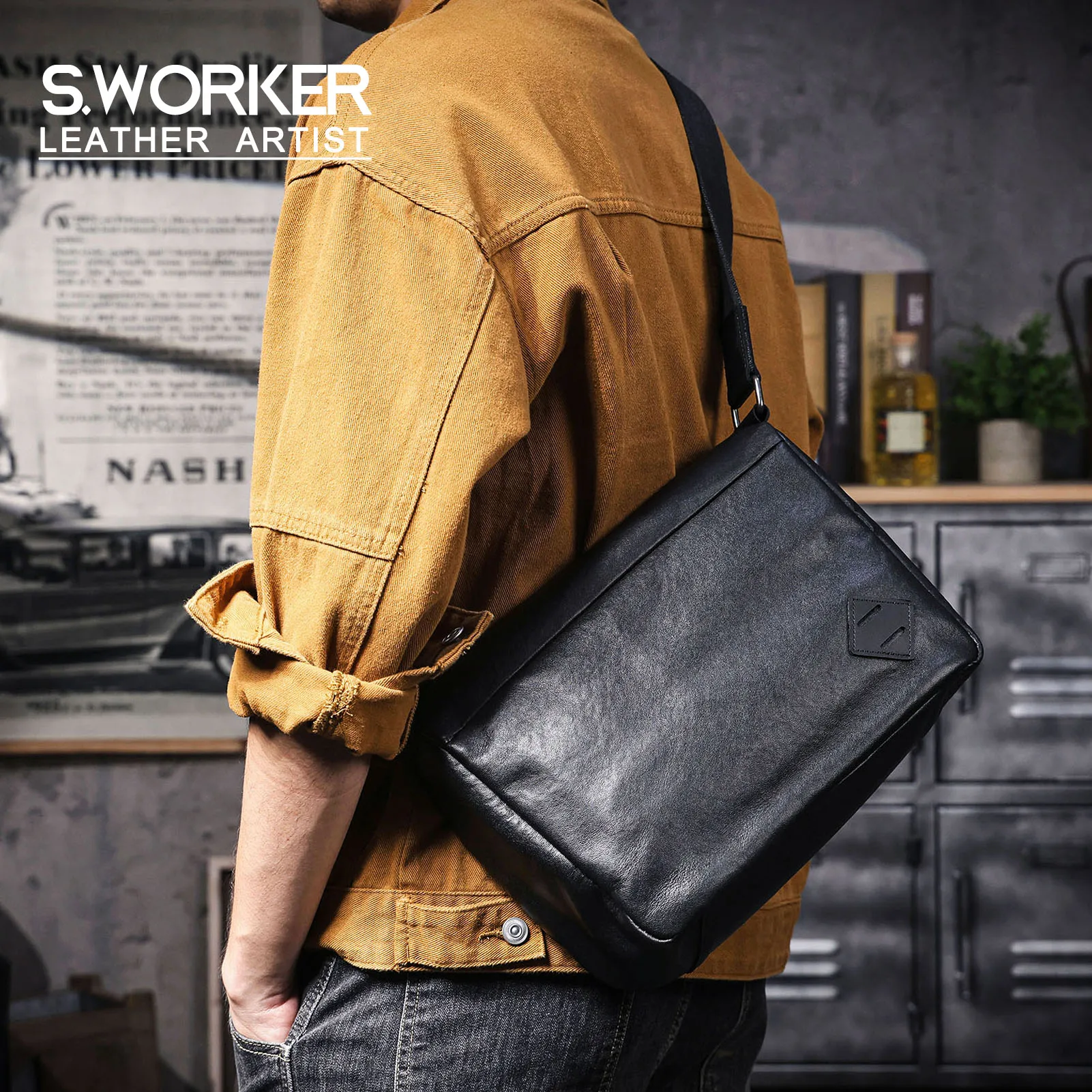 S.WORKER Vintage Herren-Umhängetasche aus Vollnarbenleder | Handgefertigter Messenger aus Used-Leder – Detail 2