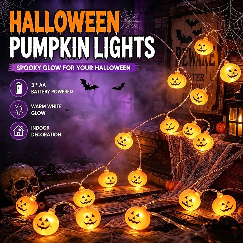 Jack O Lantern LED String Lights, Battery Powered Pumpkin Fairy Lights for Halloween Decorations Haunted House, Bar, Window