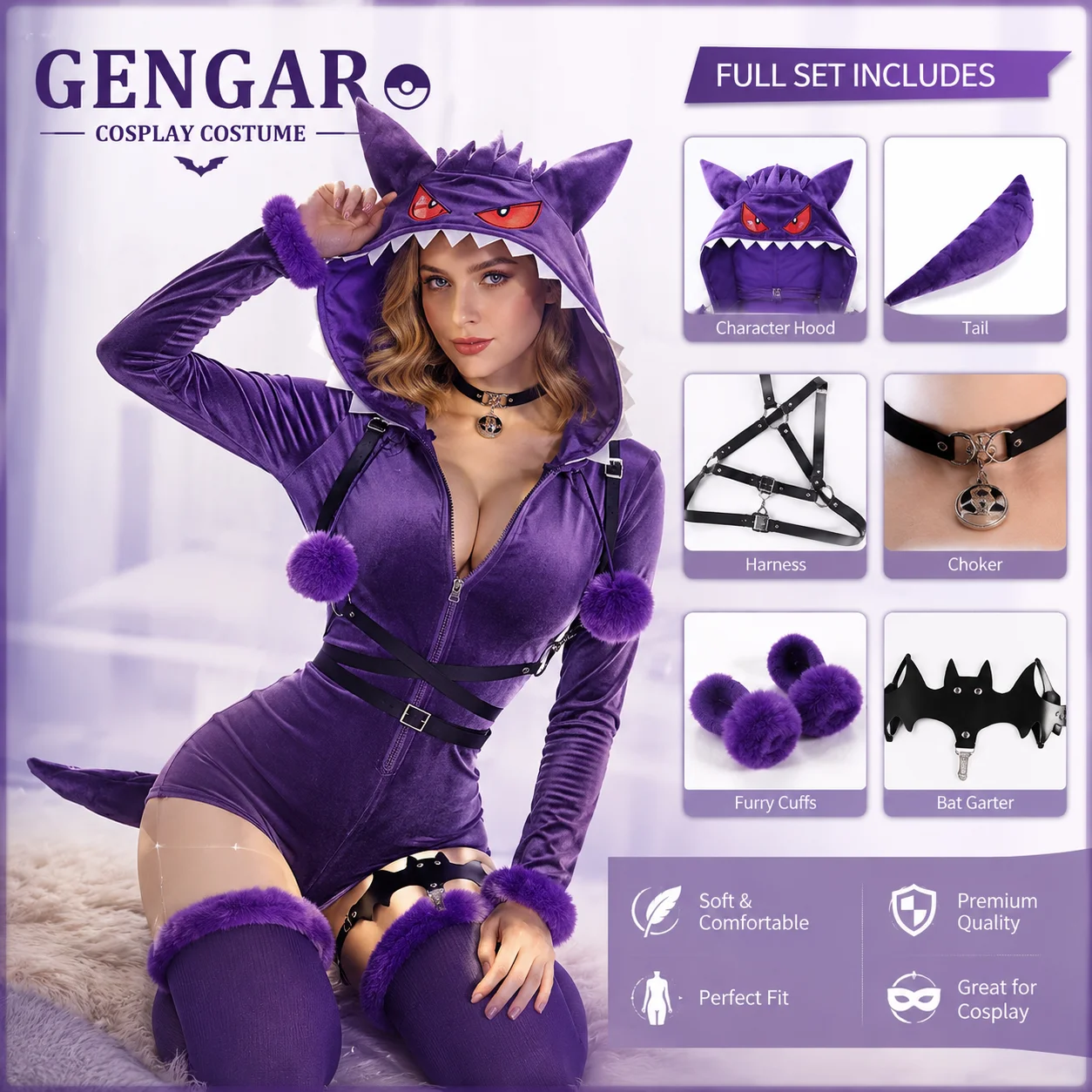 

Anime Gengar Cosplay Costume Purple Plush Jumpsuit Devil Uniform Sexy Hooded Bodysuit Halloween Carnival Kawaii Clothes INSTOCK