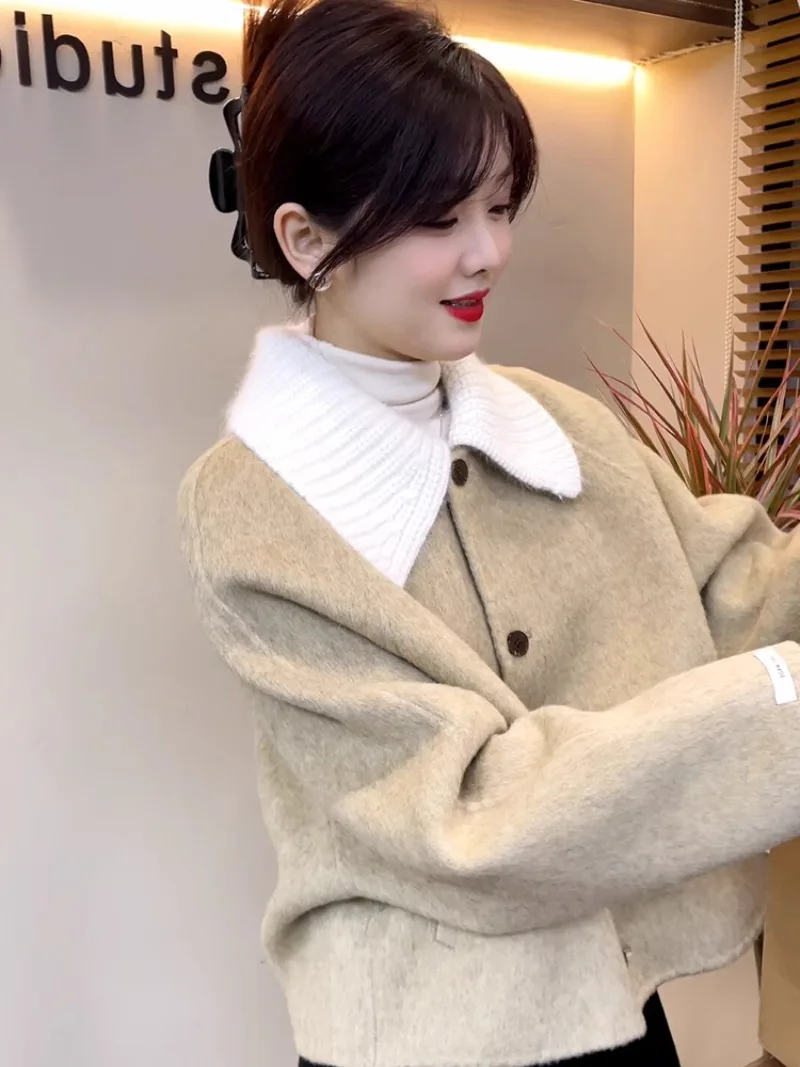 

Korean Temperament Woolen Coat Women Contrast Color Lapel Single Breasted Sweet Gentle Autumn Winter Chic Fashion Lady Jackets